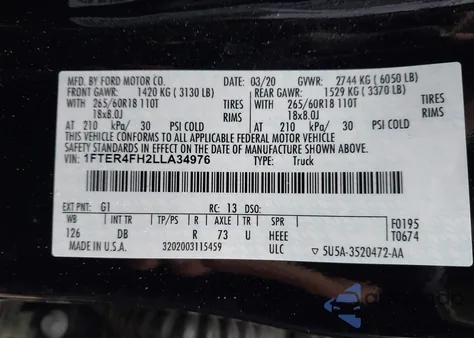 2020 Ford Ranger Lariat from USA, damaged, VIN 1FTER4FH2LLA34976